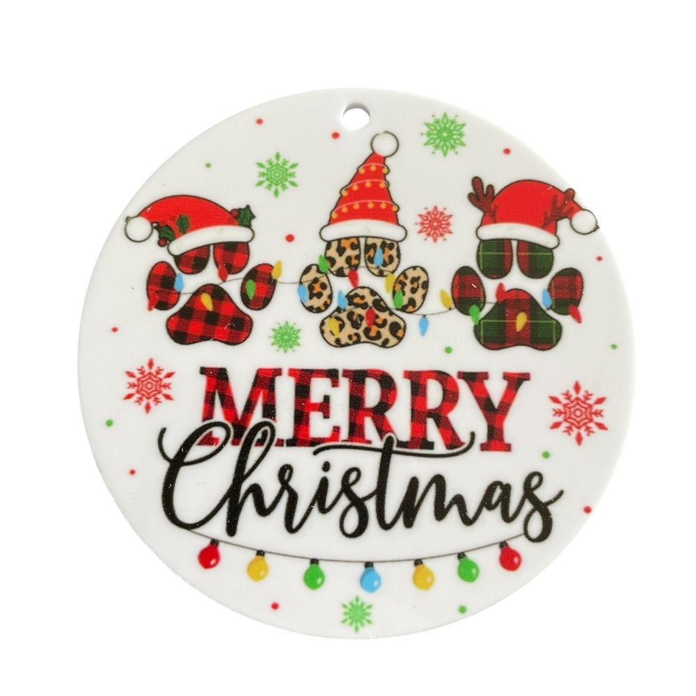 Merry Christmas Dog Paw Ornament ~Cute Leopard & Plaid Print ~3" Round Acrylic